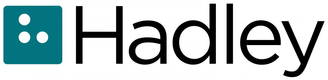 'Hadley Helps' logo, white background, teal rounded-edge square on the left with white dots forming the braille letter 'h', followed by black text forming the name 'Hadley'.