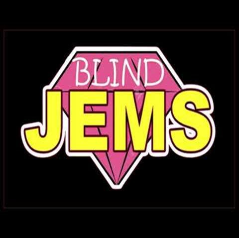 'Blind JEMS' logo, black background with pink diamond jewel, with white capitalized text BLIND on top of the jewel, bold yellow text below that text, capitalized J-E-M-S.