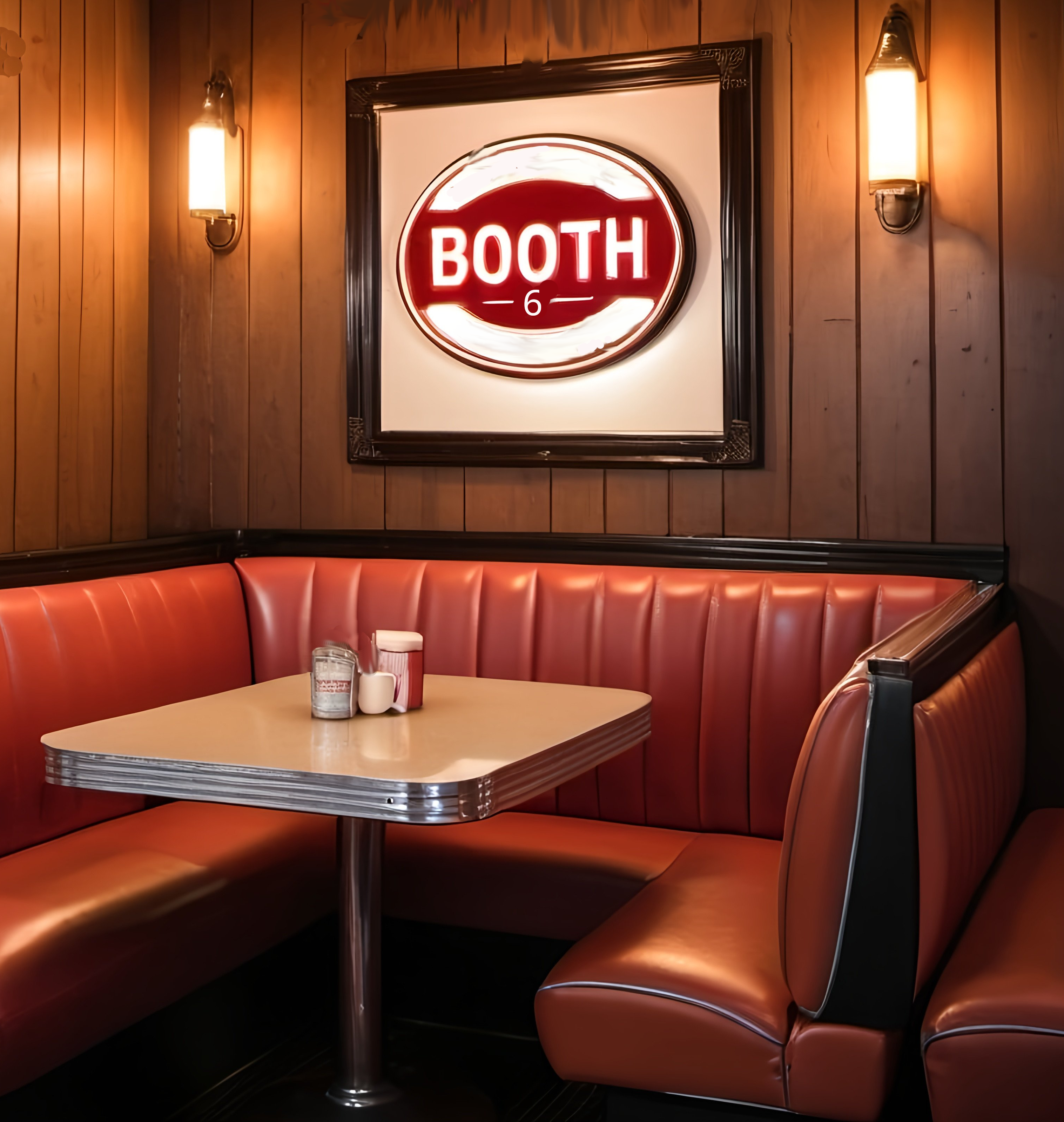 'Booth 6' logo, image of a restaurant corner booth, wood paneled walls and reddish-orange leather booth seat, condiments on table, wall art with text: Booth 6, and fancy light on either side of art.