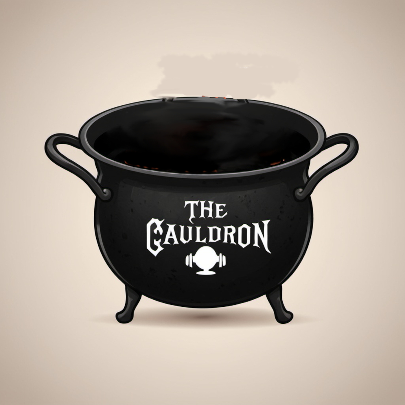 'The Cauldron' logo, beige background, black iron cooking pot with white text: THE CAULDRON, white clipart of microphone and sound waves.