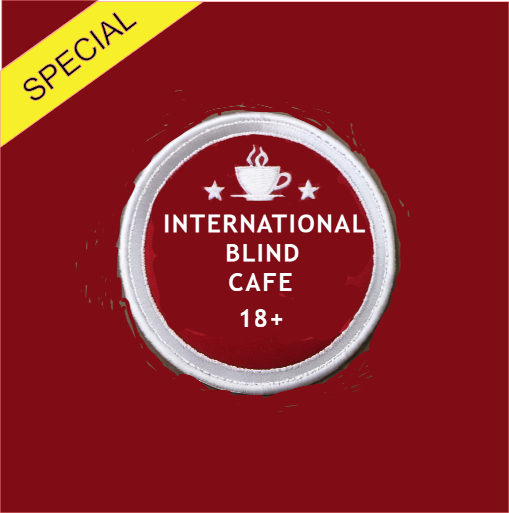 'TIBC Specials' logo, Red background with bold white circle, inside the circle, a coffee cup on saucer with steam rising, white 5-point star to left and right of cup, text below reads : INTERNATIONAL BLIND CAFE 18+, and a yellow diagonal banner in the top left corner with black capitalized text 'Special'.