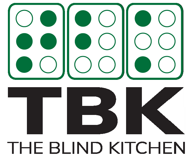 'The Blind Kitchen' logo, white background with 3 green braille cells side by side spelling the letters 'T', 'B', and 'K', with the printed equivalent in black text below the braille cells, and 'The Blind Kitchen' fully spelled out in black capitalized text at the bottom.