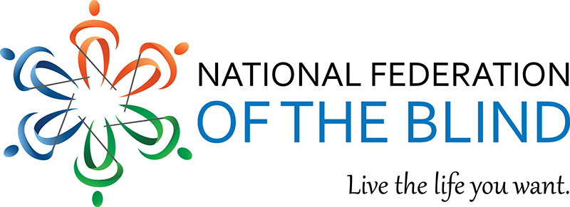 'NFB' logo, white background with a star-shaped symbol on the left made out of 6 blue, orange, and green people-like outlined figures, and fully capitalized text 'National Federation of the Blind' to the right, with 'National Federation' in black text and 'of the Blind' in blue text, and below it in the bottom right corner small black text that reads 'Live the life you want.'