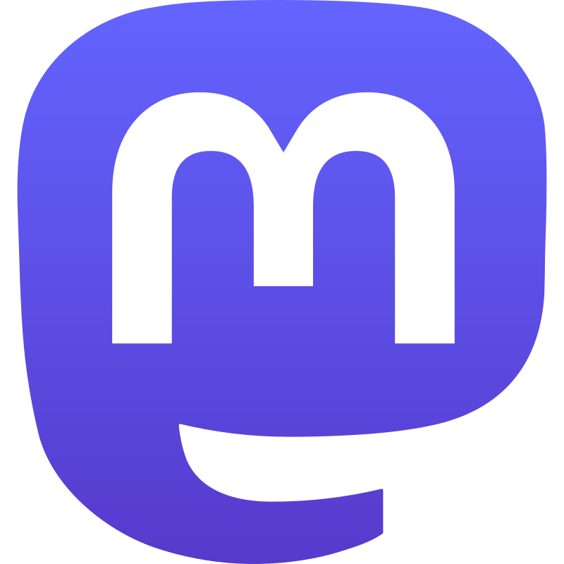 'Mastodon' logo, purple chat bubble with white 'm' in the center.